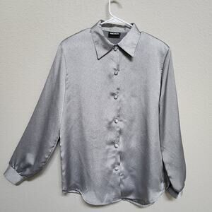 Hot Stuff Vintage Blouse Women XL Metallic Silver Button Up Long Sleeves 80s 90s
